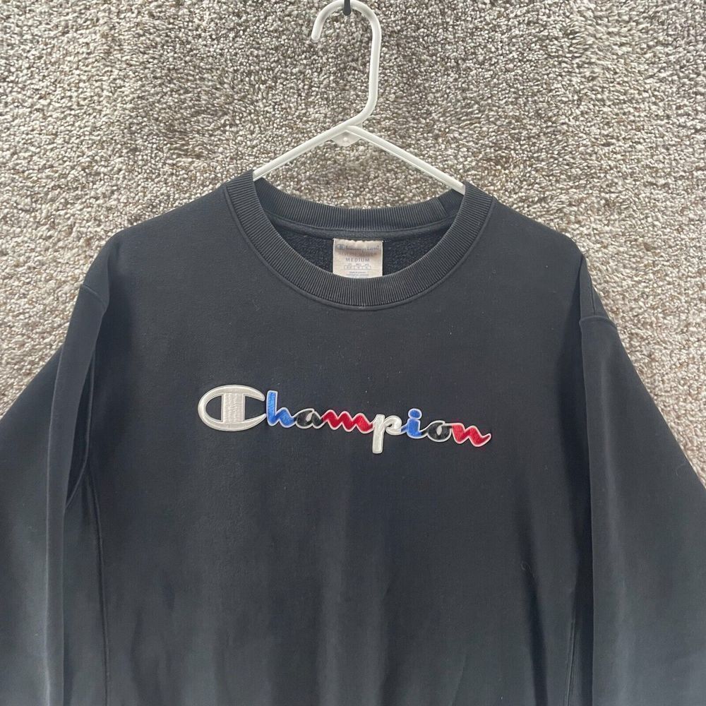 Champion Sweatshirt Mens Medium Black Reverse Weave Embroidered Spell Out Logo - Picture 3 of 11